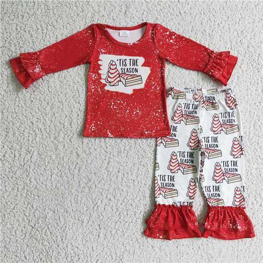 6 B13-30 Girls Red Letter Print Long Sleeve Shirt Elastic Waist Ruffle Pants Set