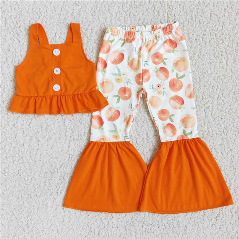 SALES NEW Baby Girls Orange Peach Bell Sleeveless Button up Top Set Cute Infant Outfit Two-Piece Set