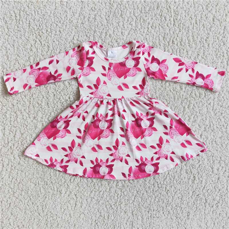 SALES  NEW Valentines Day Hot Pink Heart Floral Twirl Dress girls Casual Midi Dress for Valentine's Celebration