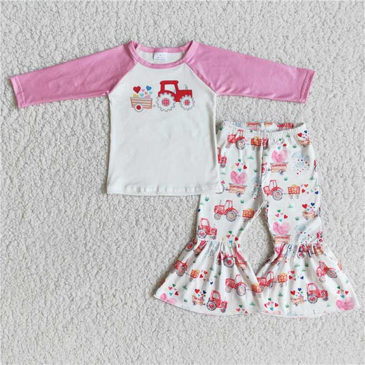 6 A29-30 Baby Girls Valentines Heart Tractor Print Long Sleeve Top Elastic High Waist Bell Bottom Pants Set