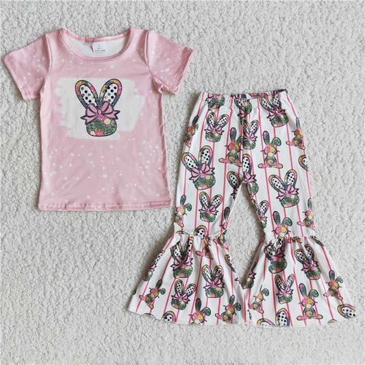 SALES NEW Baby Girls Easter Pink Short-Sleeve Bunny Motif Print Bell Bottom Pants Set