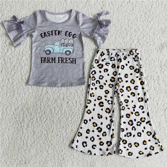SALES NEW Baby Girls Easter Egg Farm Top Fresh Leopard Bell Pants Set Infant Outfit Set Baby Girl's Clothing Set