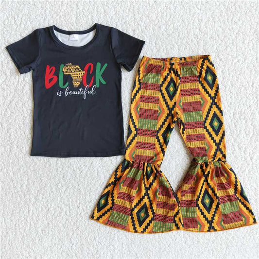 SALES NEW Baby Girls Black Short Sleeve Diamond Pattern Bell Pants Set Cute Outfit Set Children's Clothing