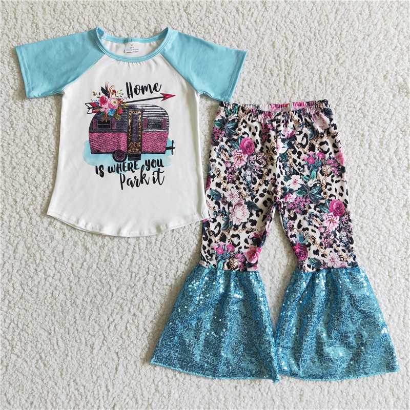SALES NEW Baby Girls Sequin Ruffle Pants Outfit Clothing Set Parking Theme Girls' Fashion Infant Set Bell Pants