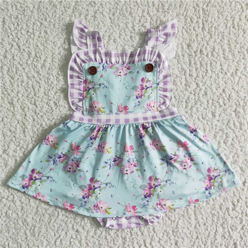 RTS NO MOQ SR0027 Girls Purple Plaid Fly Sleeve Blue Flower Bodysuit