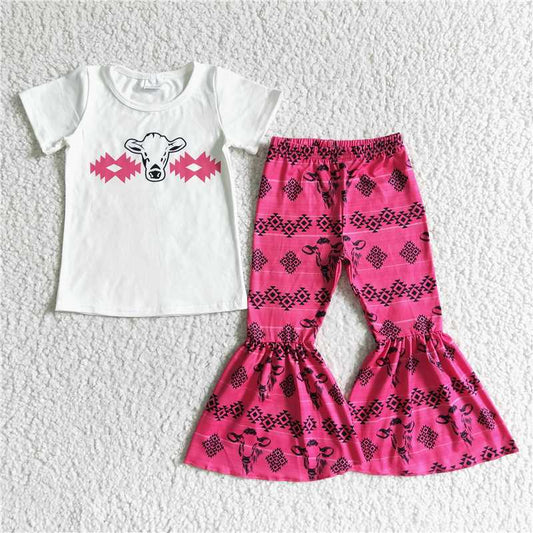 SALES NEW Baby Girls Western Cow Print Hot Pink Bell Pants Set Cute Children's Outfit with Matching Top for Girls