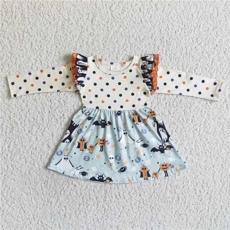SALES  NEW Baby Girls Long Sleeve Halloween Dots Dress Cute Spooky Print Autumn Dress for Little Girls