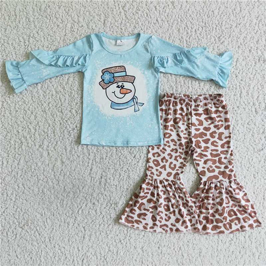 SALES  NEW Baby Girls Christmas Snowman Leopard Print Pants And Clothes Set Cute Holiday Outfit for Infants