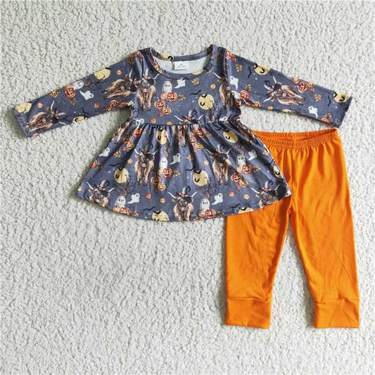 RTS NO MOQ ETA 5/7days GLP0112 Girls Alpine Cow Pumpkin Long Sleeve Pants Set