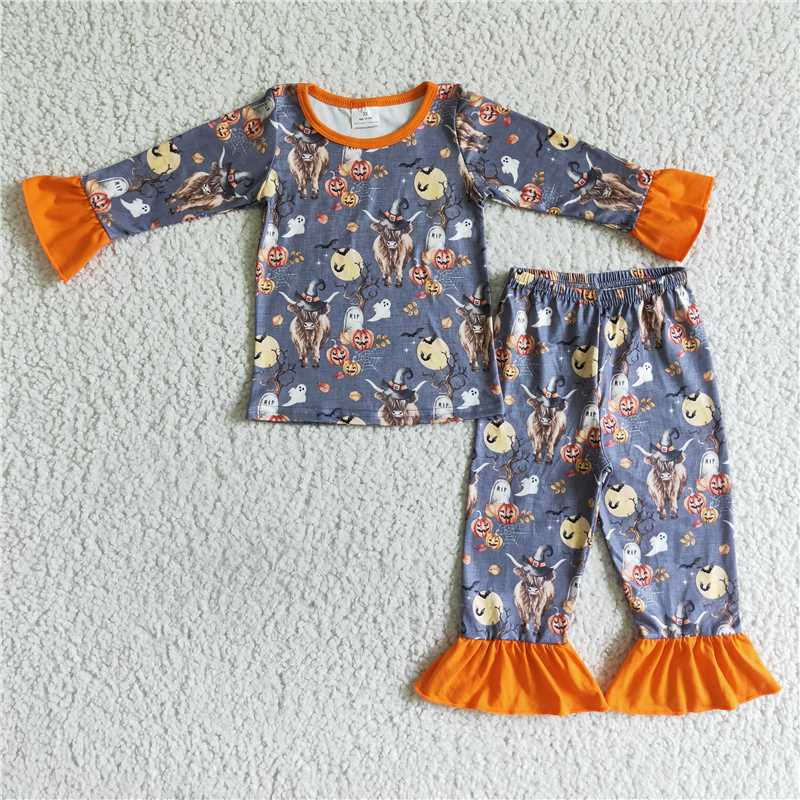 SALES  NEW Baby Girls Fall Pumpkin Cow Pajamas Pants Sets Cute Print Sleepwear Comfortable Soft Fabric Baby Clothing