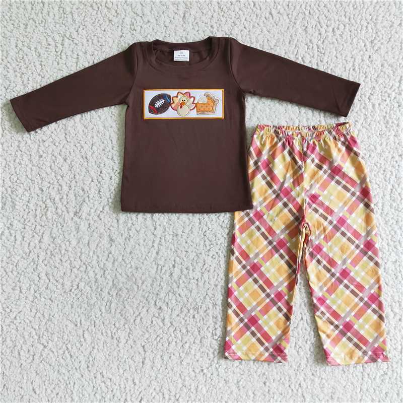 RTS NO MOQ Sibling baby girl boy clothesThanksgiving Embroidered oval ball-turkey-cake long-sleeved suit
