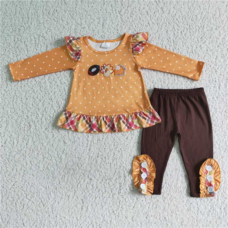 RTS NO MOQ Sibling baby girl boy clothesThanksgiving Embroidered oval ball-turkey-cake long-sleeved suit