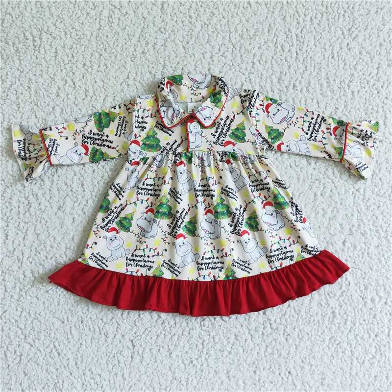 RTS NO MOQ  Christmas Hippo Pattern Long Sleeve Suit & Top & Dress