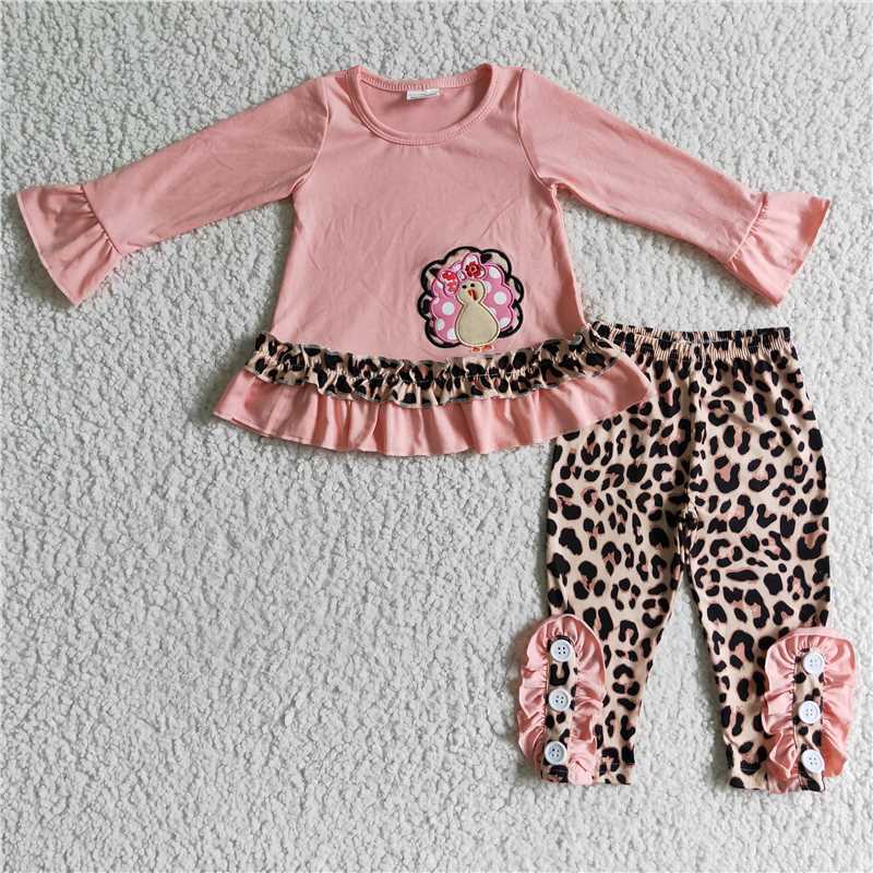 RTS NO MOQ Embroidered Turkey Cotton Leopard Print Long Sleeve Pants Set Embroidery