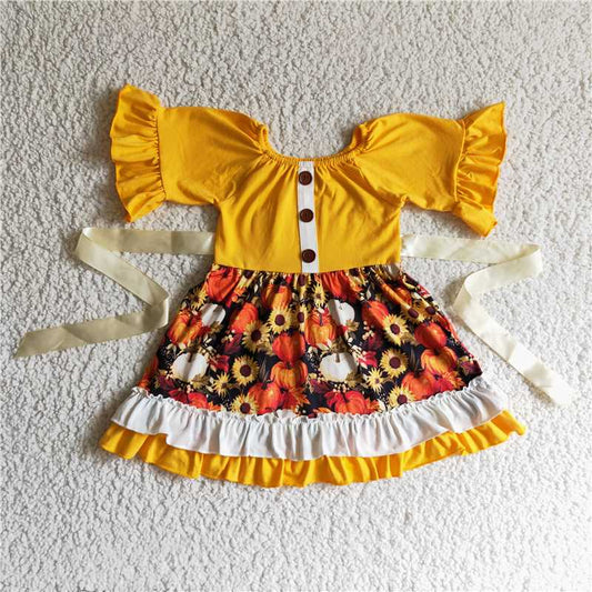 SALES NEW Baby Girls Floral Dresses with Pumpkin Belt for Fall Season Cute Toddler Girls Yellow Short Sleeve Clothing