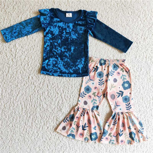 SALES  NEW Baby Girls Blue Velvet Tops with Bell Pants Fall Clothing Set Infant Outfit Combo for Newborn