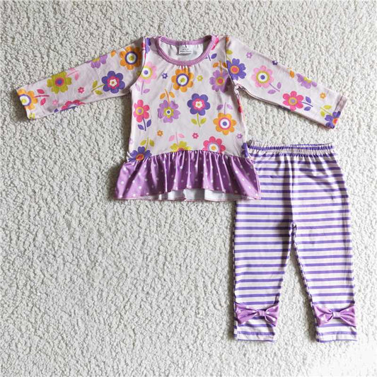 SALES  NEW Baby Girls Purple Flower Bow Outfit Set Comfortable Cotton Pants Ensemble for Infants