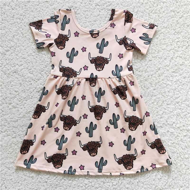 SALES NEW Baby Girls Knee-Length Dresses Cow Cactus Print Cute And Fashionable Girls Clothing