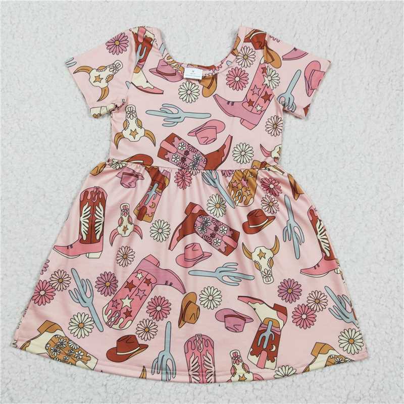 SALES NEW Baby Girls Knee-Length Dress Western Cow Skull Cactus Print Cute And Fashionable Girls' Dress
