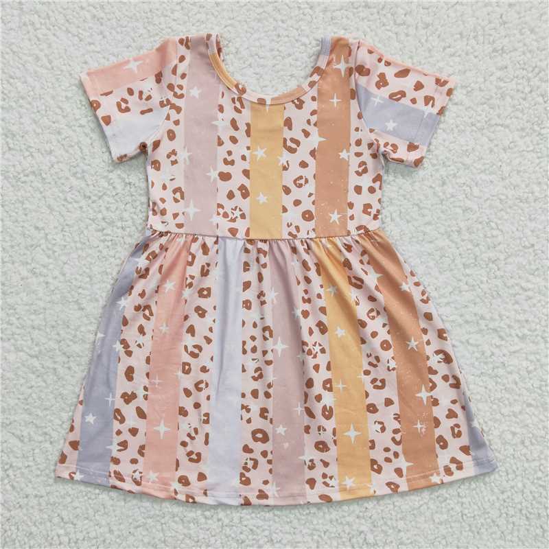 SALES NEW Baby Girls Pink Leopard Short Sleeve Knee-Length Dress Cute Feminine Print Casual Dress for Little Girls