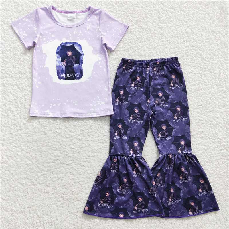 RTS NO MOQ GSPO0586 GSPO0688 GSPO0448 Preppy Braids Girls Suit Boys Pattern Short Sleeve Flared Pants Suit