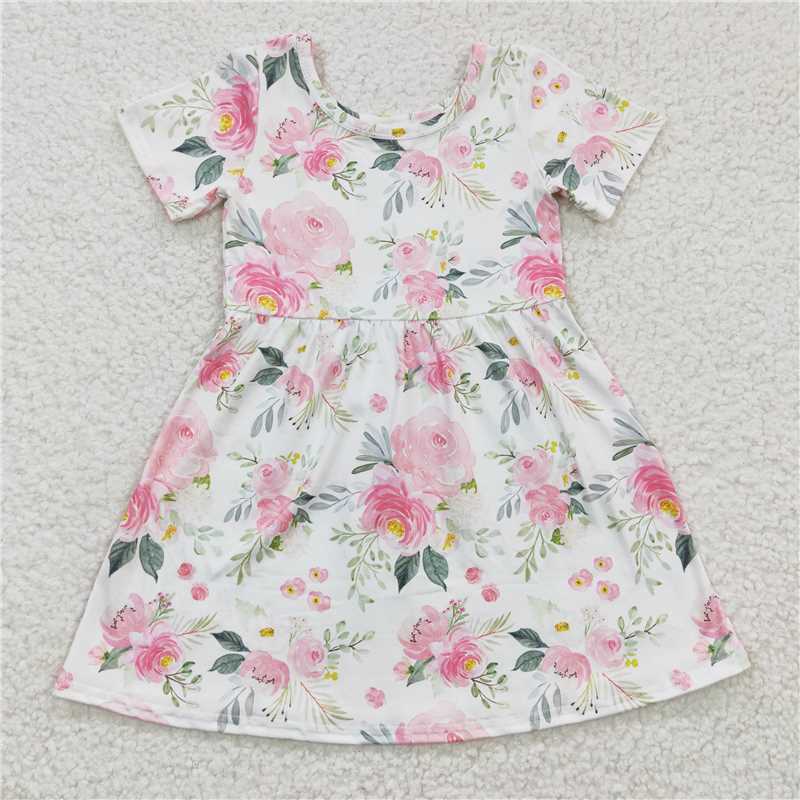 SALES NEW Baby Girls Pink Flowers Short Sleeve Knee-Length Dresses Cute Fashion short sleeve frock
