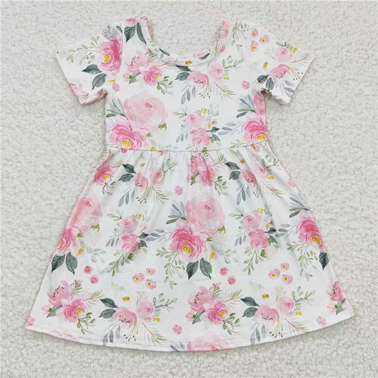 SALES NEW Baby Girls Pink Flowers Short Sleeve Knee-Length Dresses Cute Fashion short sleeve frock