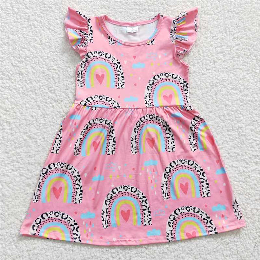 SALES NEW Baby Girls Rainbow Pearl Knee-Length Dress with Flutter Sleeves Cute And Elegant Children's Fashion frock