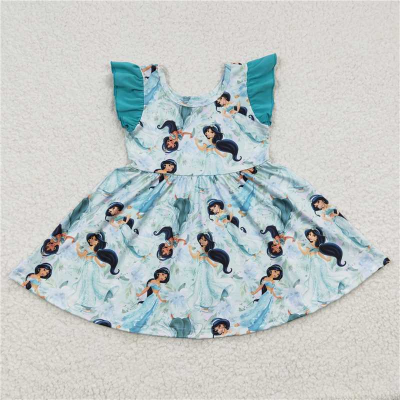Cute Clothes 	 GSD0267Baby Girls Blue Flutter Sleeve Knee Length Dresses