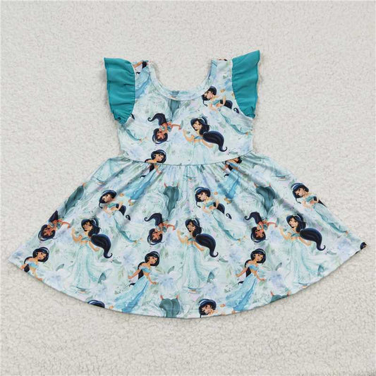 SALES NEW Baby Girls Blue Floral Print Dress with Flutter Sleeves And Knee-length Skirt
