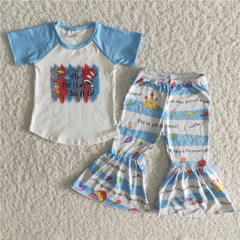 SALES NEW Baby Blue Short-Sleeve Top with Hot Air Balloon Bell Pants Set for Casual Comfortable Two-Piece Outfit