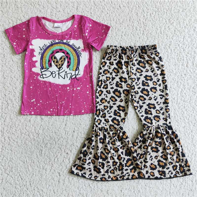 SALES NEW Baby Girls Rainbow Short Sleeve Leopard Print Bell Pants Set Cute Children's Outfit for Girls