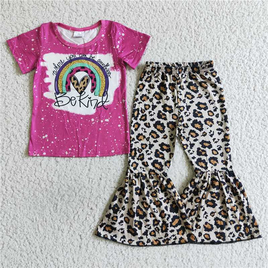 SALES NEW Baby Girls Rainbow Short Sleeve Leopard Print Bell Pants Set Cute Children's Outfit for Girls