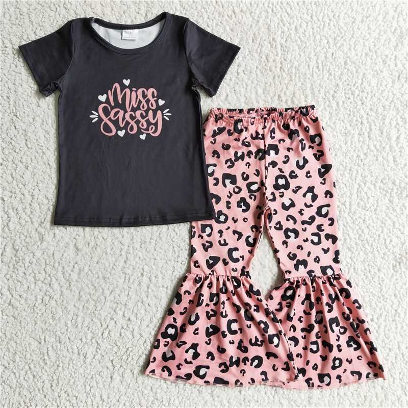 SALES NEW Baby Black Short Sleeve Top with Lettering And Pink Leopard-Print Flared Pants Set Casual Comfortable Outfit for Infants