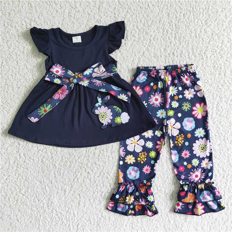 SALES NEW Baby Easter Navy Embroidered Bunny Belt Flower Pant Sets Cute Baby Outfit with Belt