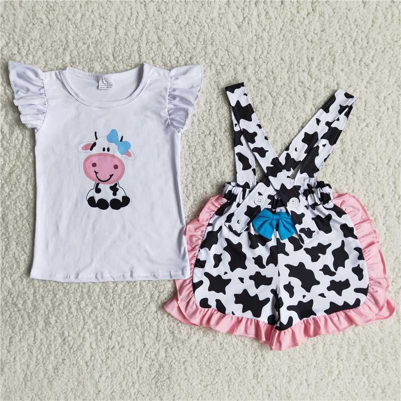 SALES  NEW Baby girls summer cow print suspender shorts sets