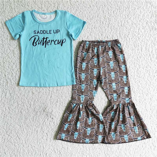 SALES NEW Children's Blue Print Top with Leopard Bull Head Design Bell Pants Set Letter Print Outfit for Kids
