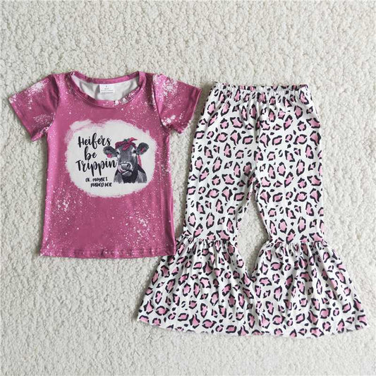 SALES NEW Baby Girls Bull Head Graphic Short Sleeve Top in Rose Pink with Leopard-Print Flared Pants Outfit for Infants