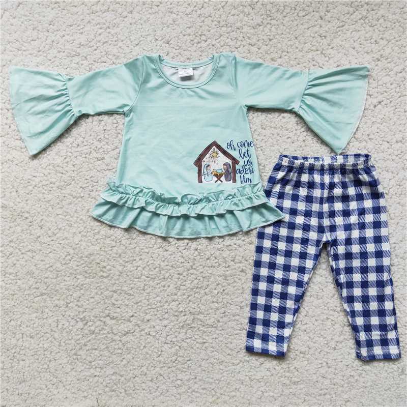 RTS NO MOQ 6 C11-18  6 A4-1  6 C10-27  Embroidered Wooden House Mint Green Long Sleeve Top & Blue Plaid Trousers Set