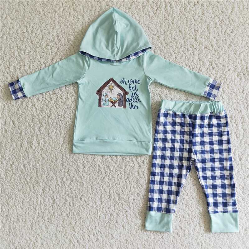 RTS NO MOQ 6 C11-18  6 A4-1  6 C10-27  Embroidered Wooden House Mint Green Long Sleeve Top & Blue Plaid Trousers Set