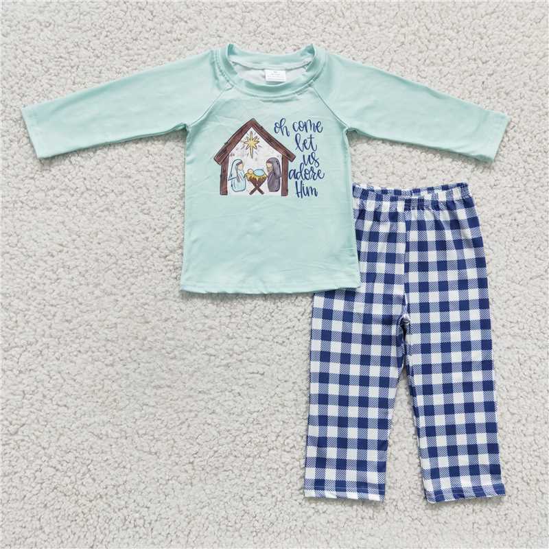 RTS NO MOQ 6 C11-18  6 A4-1  6 C10-27  Embroidered Wooden House Mint Green Long Sleeve Top & Blue Plaid Trousers Set