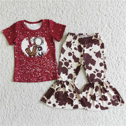 SALES NEW Baby Red Short Sleeve Cowhide Print Bell Pant Sets Cute Outfit for Infants Comfortable Cotton Clothing Set