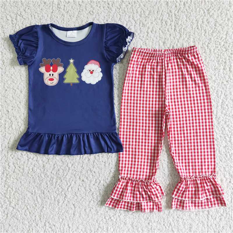SALES NEW Girls Blue Santa Top And Red Plaid Pants Christmas Outfit Set Holiday Clothing for Kids