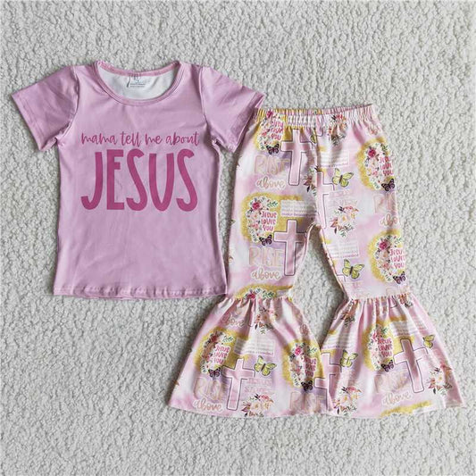 SALES NEW Girls Easter Outfit Pink Short Sleeve Top with Bell Pant Set for Spring Season