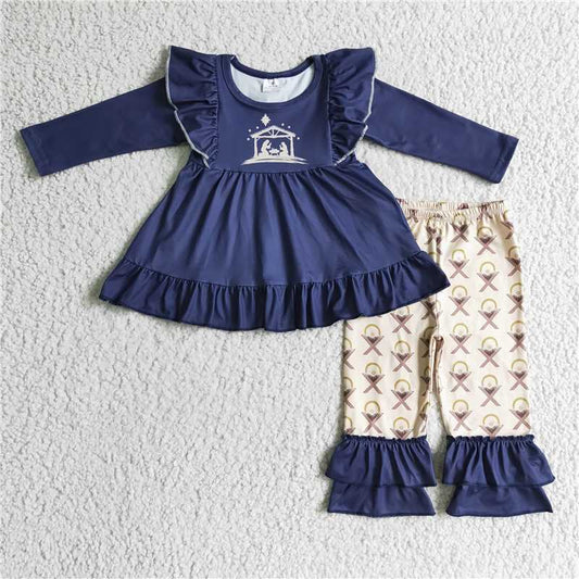 SALES  NEW Girls Nativity Outfit Set with Golden Ruffle Pants - Religious Holiday Clothing for Kids