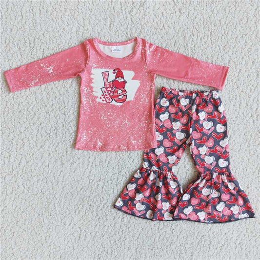 6 B10-2 Baby Girls Valentines Love Heart Print Long Sleeve Top Flared Bell Bottom Pants Clothes Set
