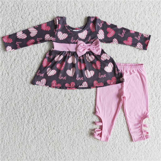 6 A26-29 Baby Girls Love Heart Print Long Tunic Top Criss Cross Waist Stretch Leggings Clothing Set