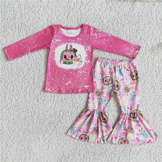 6 A15-19 Kids Girls Pink Print Long Sleeve Top Elastic High Waist Leggings Set