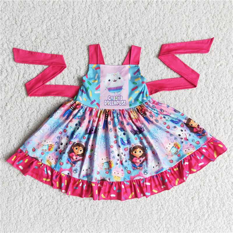 SALES  NEW Baby Girls Cat Twirl Design Knee-Length Dresses Cute Fashionable Kids Clothing