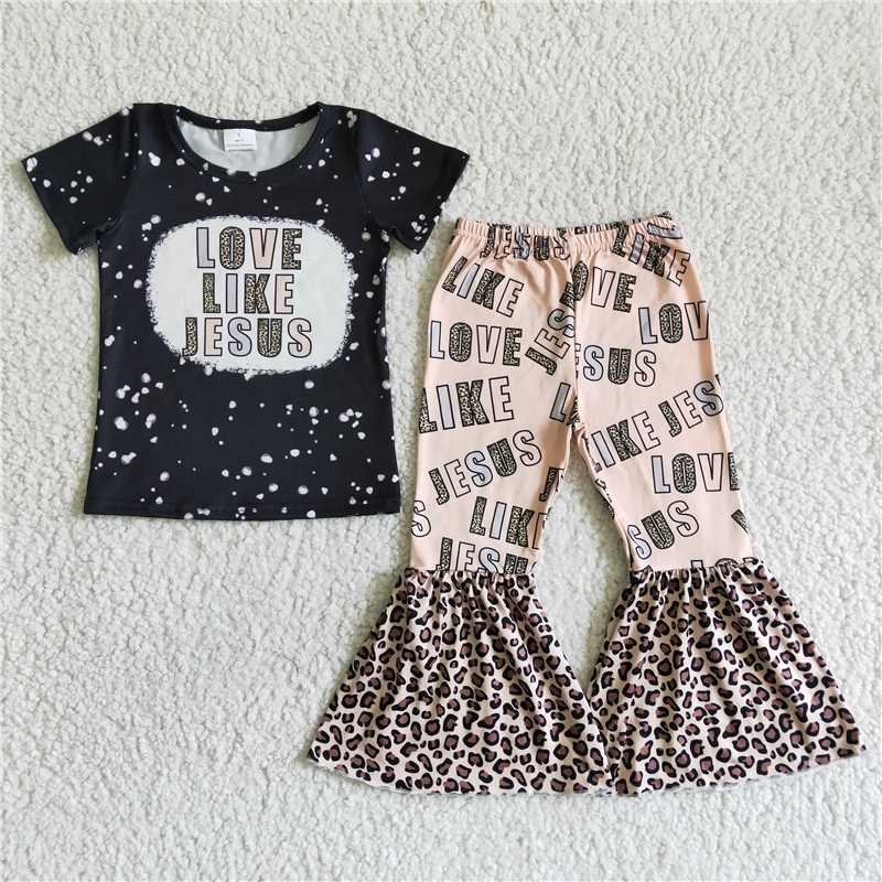 SALES NEW Baby Girls Black Short Sleeve Leopard Print Bell Pant Clothing Set Infant Outfit Two-Piece Set